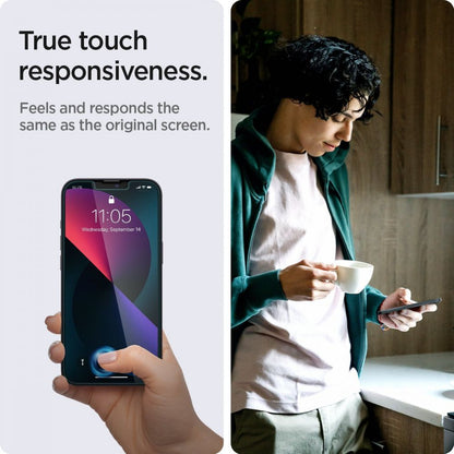 Folia ochronna na ekran Privacy Spigen GlastR EZ FIT do Apple iPhone 17e / 16e / 14 / 13 Pro, szkło hartowane, pełna klej, zestaw 2 sztuki AGL03388