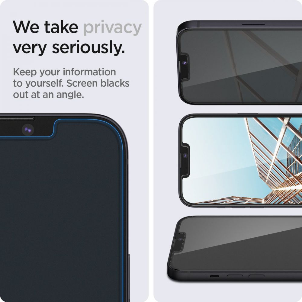 Folia ochronna na ekran Privacy Spigen GlastR EZ FIT do Apple iPhone 17e / 16e / 14 / 13 Pro, szkło hartowane, pełna klej, zestaw 2 sztuki AGL03388
