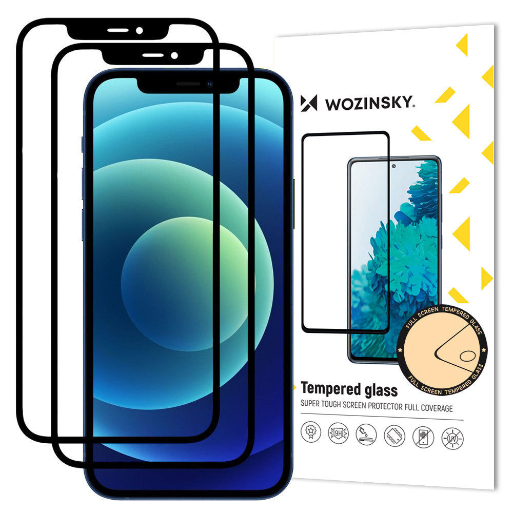 Folia ochronna na ekran WZK do Apple iPhone 12 / 12 Pro, szkło hartowane, pełna warstwa kleju, zestaw 2 sztuki, kompatybilna z etui, czarna