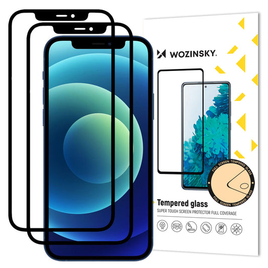 Folia ochronna na ekran WZK do Apple iPhone 12 / 12 Pro, szkło hartowane, pełna warstwa kleju, zestaw 2 sztuki, kompatybilna z etui, czarna