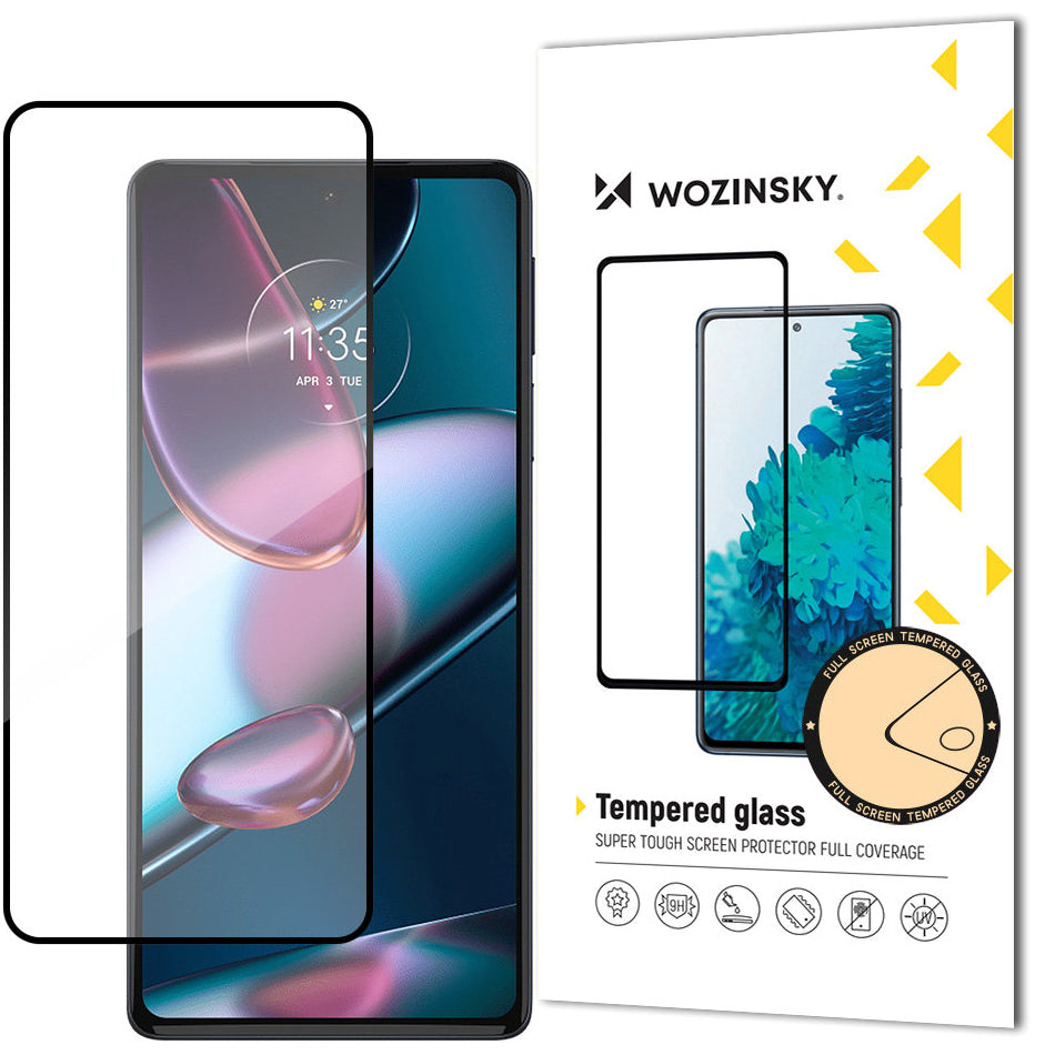 WZK Super Durable Screen Protector do Motorola Edge 30, szklana osłona, pełne klejenie, przyjazny dla etui, czarny