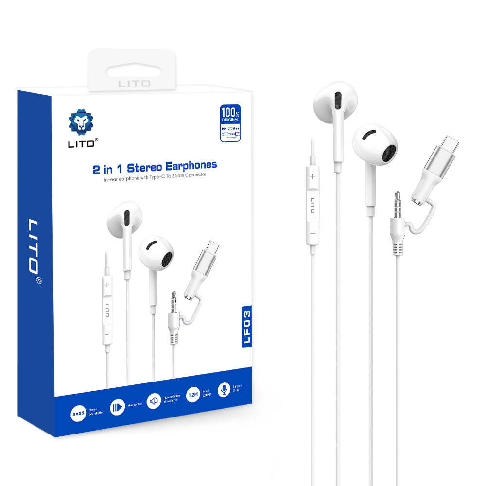 Handsfree 3.5mm / USB-C Lito LF03, Biały