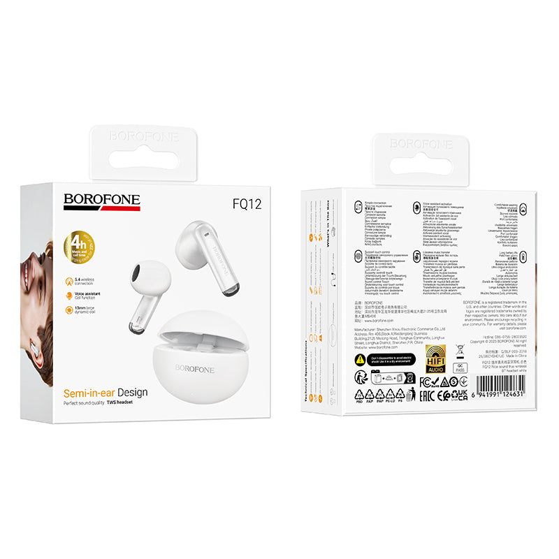 Handsfree Bluetooth Borofone FQ12 Nice, TWS, White