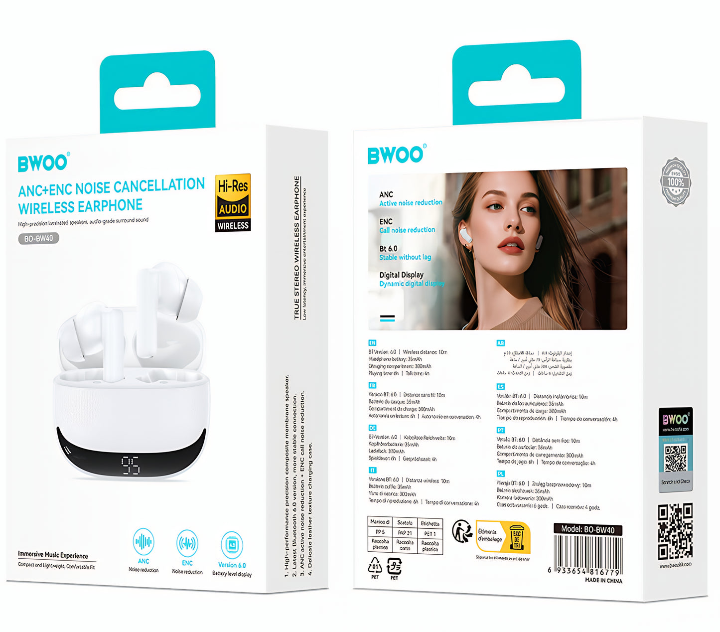 Handsfree Bluetooth BWOO BW40, TWS, ANC, Biały