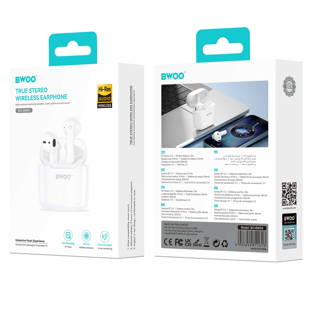 Bluetooth Handsfree BWOO BW94, TWS, White