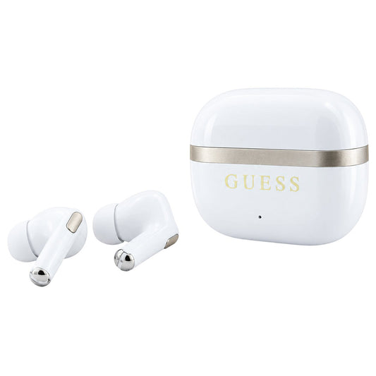 Zestaw słuchawkowy Bluetooth Guess Glossy Gold Line Printed Classic Logo, TWS, biały