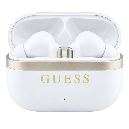 Zestaw słuchawkowy Bluetooth Guess Glossy Gold Line Printed Classic Logo, TWS, biały