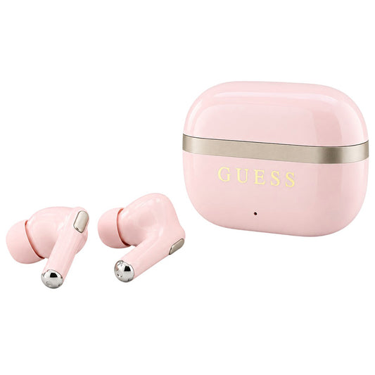 Zestaw słuchawkowy Bluetooth Guess Glossy Gold Line Printed Classic Logo, TWS, różowy