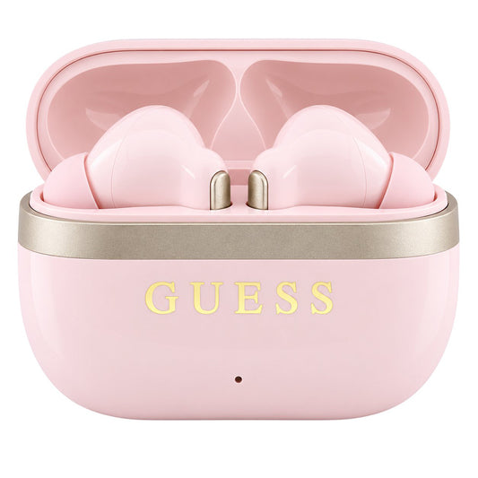 Zestaw słuchawkowy Bluetooth Guess Glossy Gold Line Printed Classic Logo, TWS, różowy
