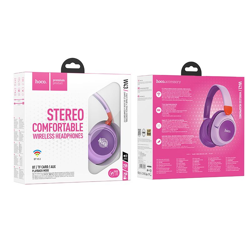Bezprzewodowy zestaw słuchawkowy Bluetooth HOCO Adventure W43, A2DP, Fioletowy