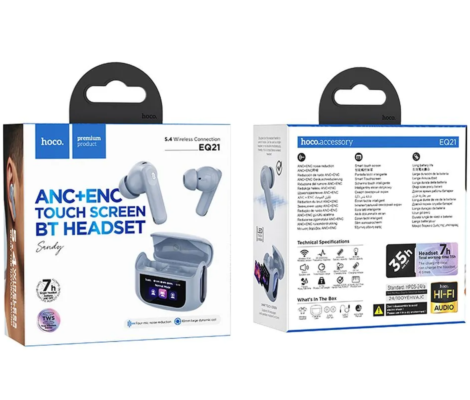 Słuchawki Bluetooth HOCO EQ21, TWS, ANC, Niebieskie