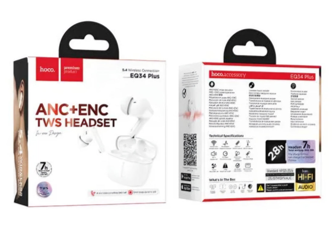 Handsfree Bluetooth HOCO EQ34 Plus, TWS, ANC, Biały