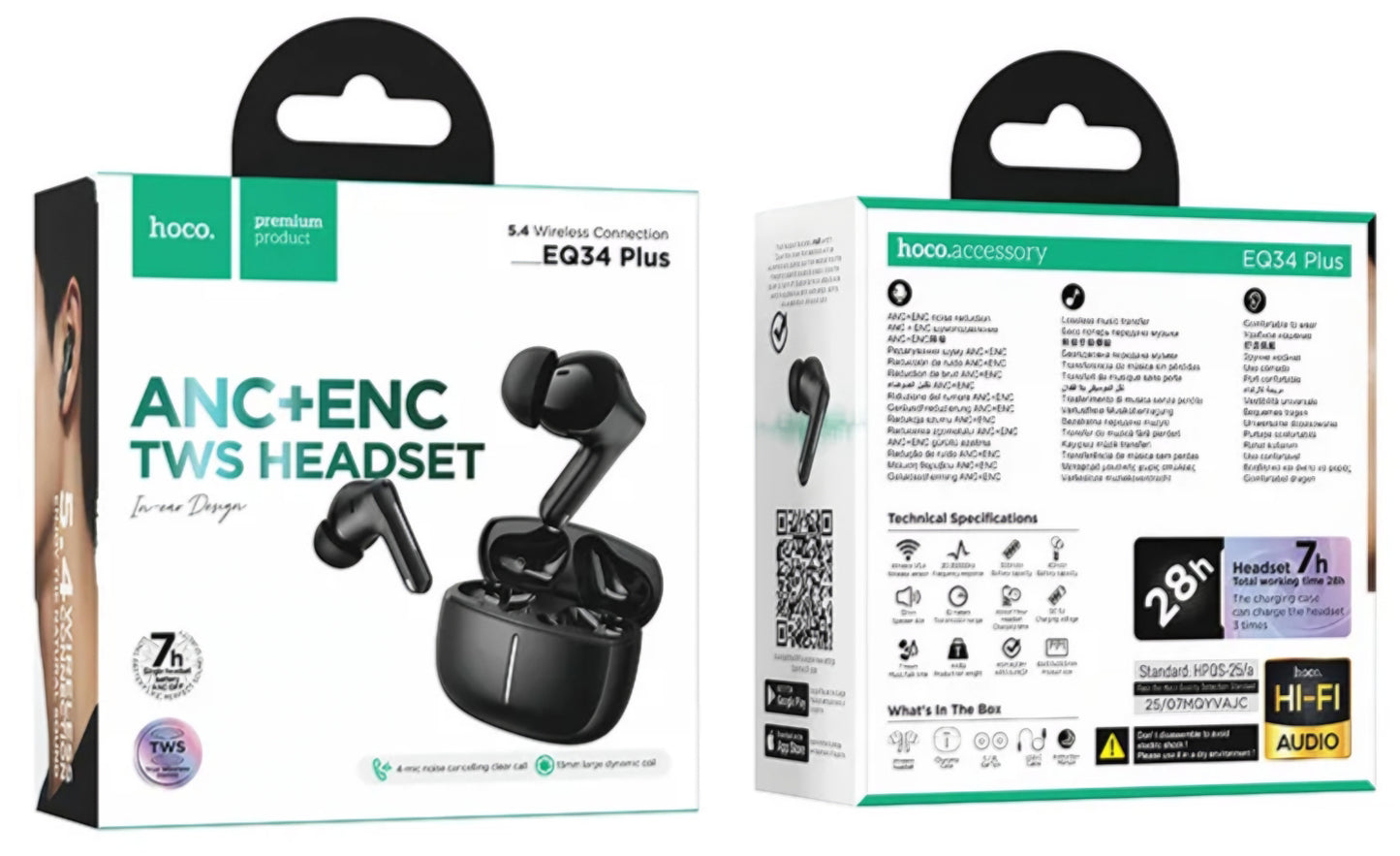 Zestaw słuchawkowy Bluetooth HOCO EQ34 Plus, TWS, ANC, Czarny