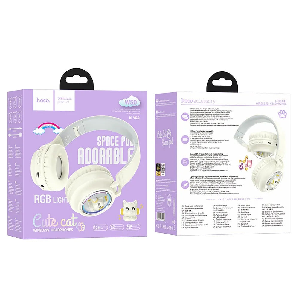 Bezprzewodowy zestaw słuchawkowy Bluetooth HOCO W50 Kids Cute Cat, A2DP, Biały