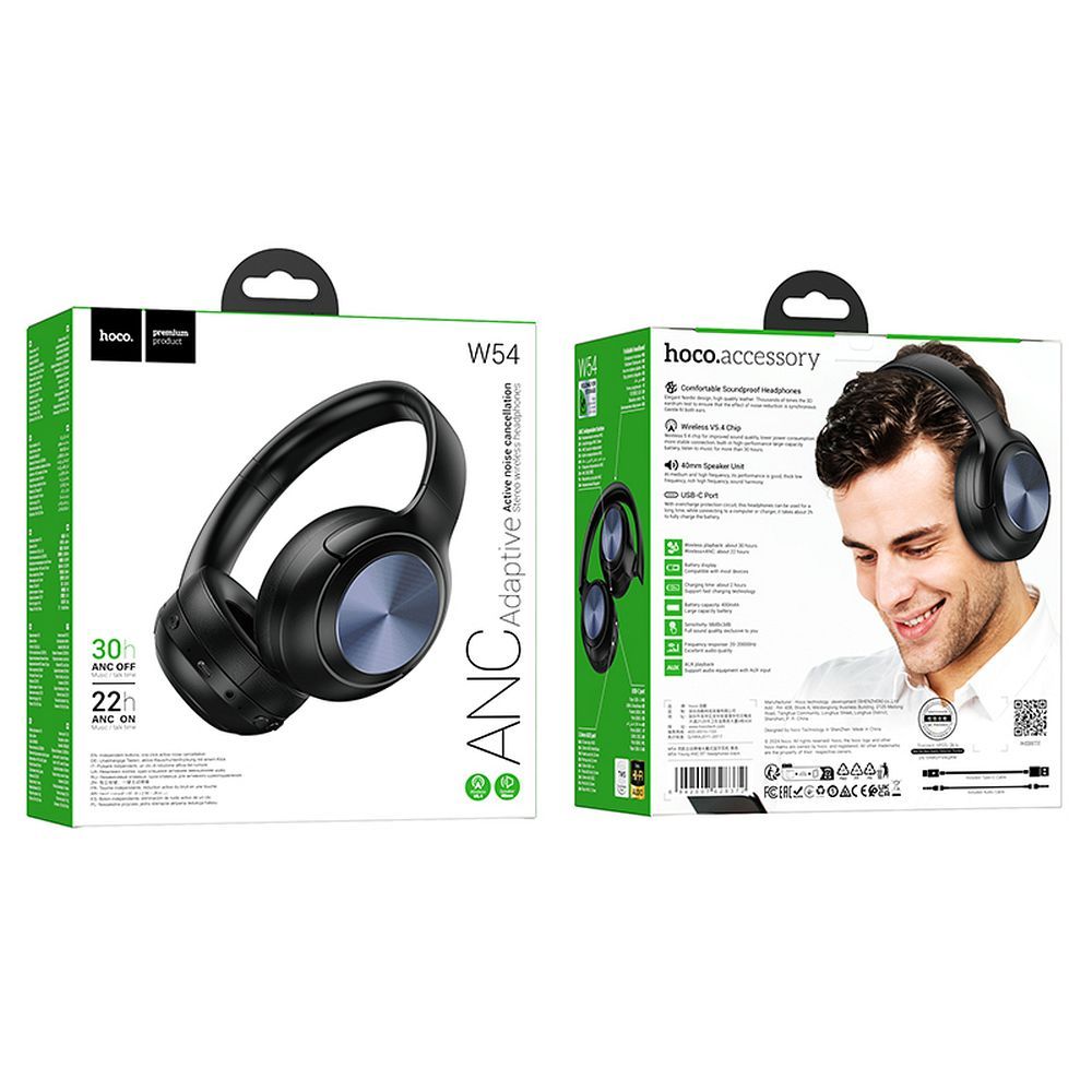 Słuchawki Bluetooth HOCO W54, A2DP, ANC, Czarne
