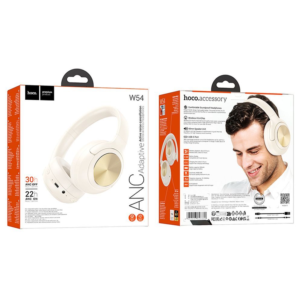 Słuchawki Bluetooth HOCO W54, A2DP, ANC, Białe