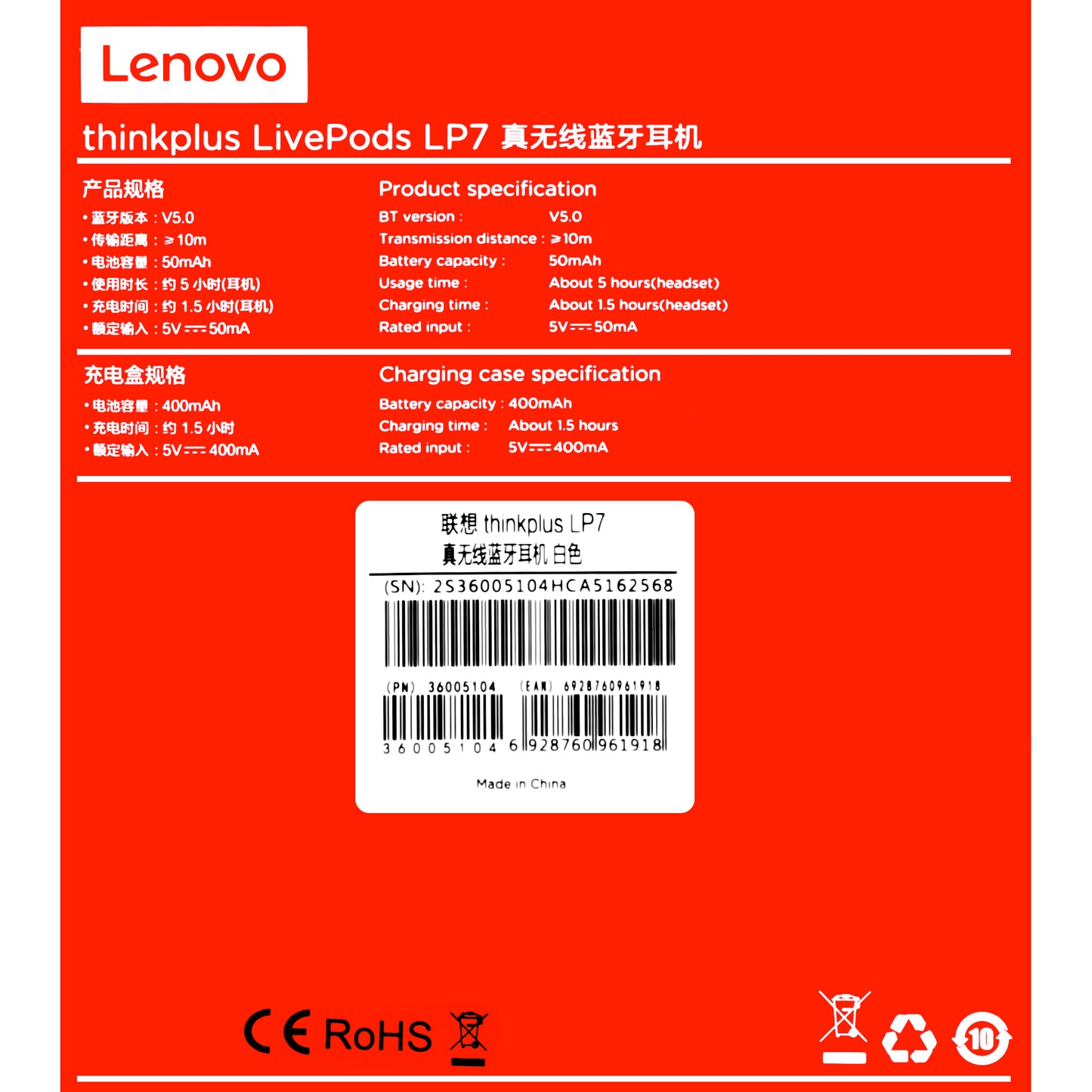 Zestaw głośnomówiący Bluetooth Lenovo LivePods LP7, TWS, biały, odnowiony 