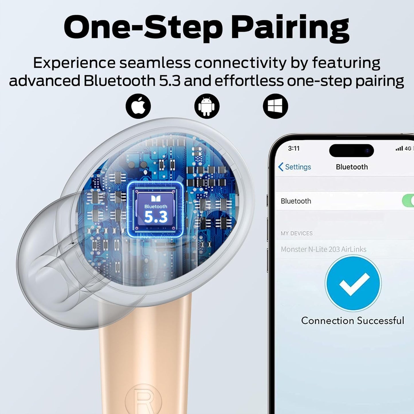 Zestaw słuchawkowy Bluetooth Monster N-Lite 203 AirLinks, TWS, Złoty