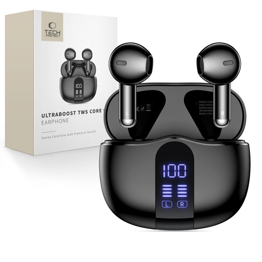 Zestaw słuchawkowy Bluetooth Tech-Protect Ultraboost Core G2, TWS, Czarny