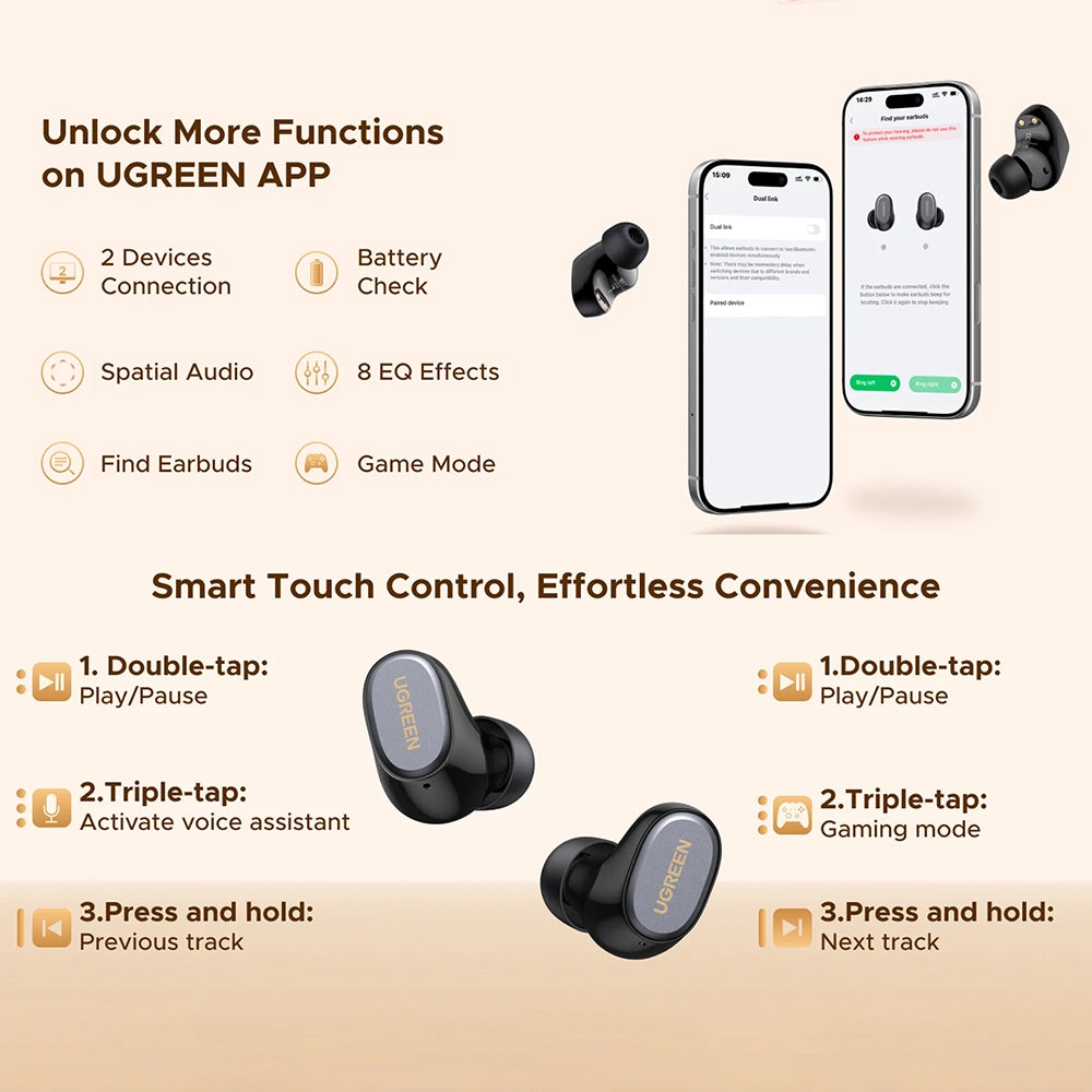 Zestaw słuchawkowy Bluetooth UGREEN Dots (75628), TWS, MultiPoint, Czarny