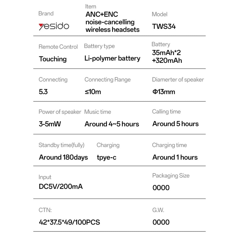 Handsfree Bluetooth Yesido TWS34, TWS, ANC, Biały