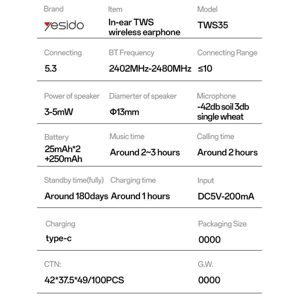 Handsfree Bluetooth Yesido TWS35, TWS, Biały
