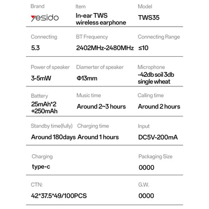 Handsfree Bluetooth Yesido TWS35, TWS, Biały