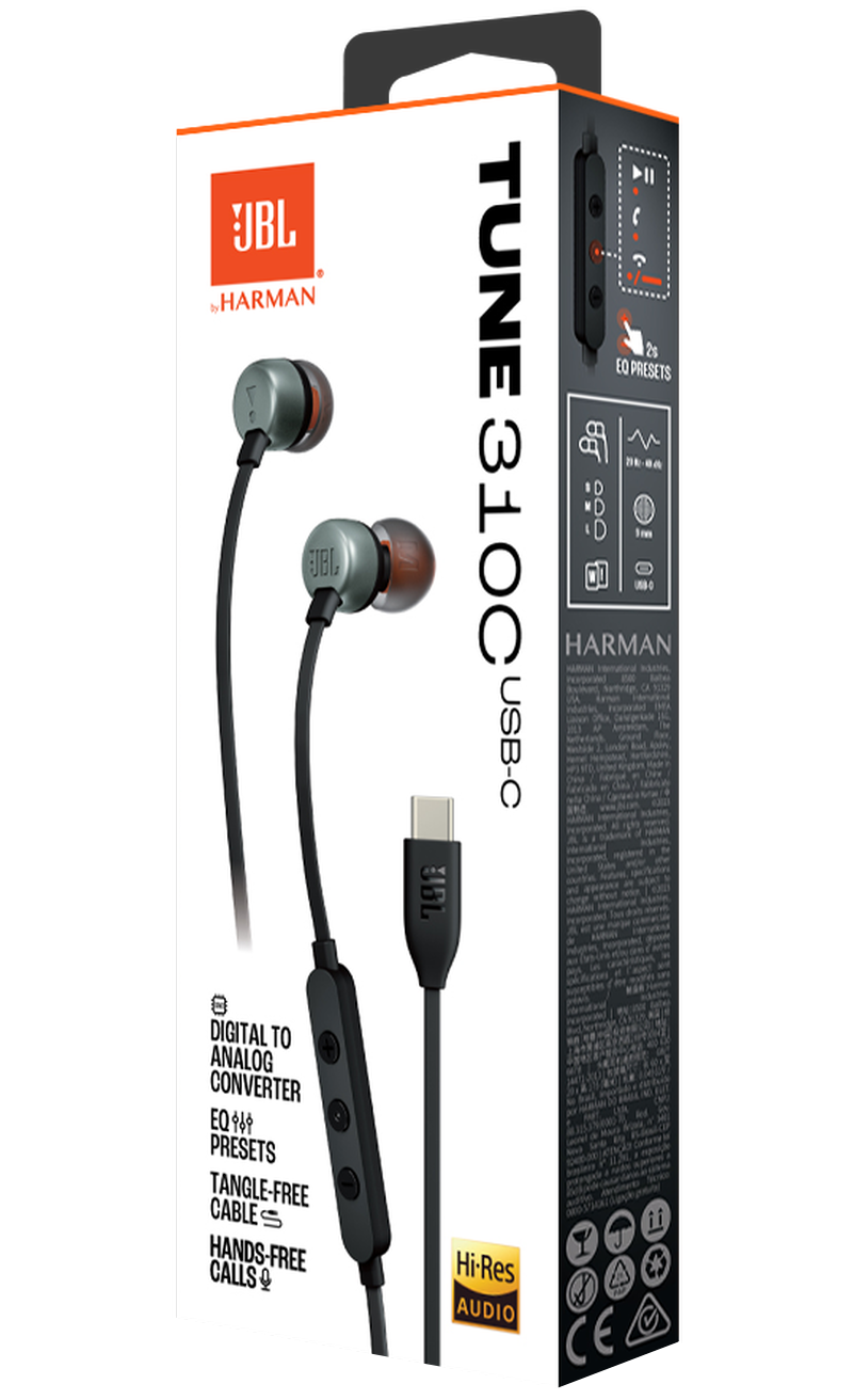 Słuchawki douszne USB-C JBL Tune 310C, Czarne JBLT310CBLK