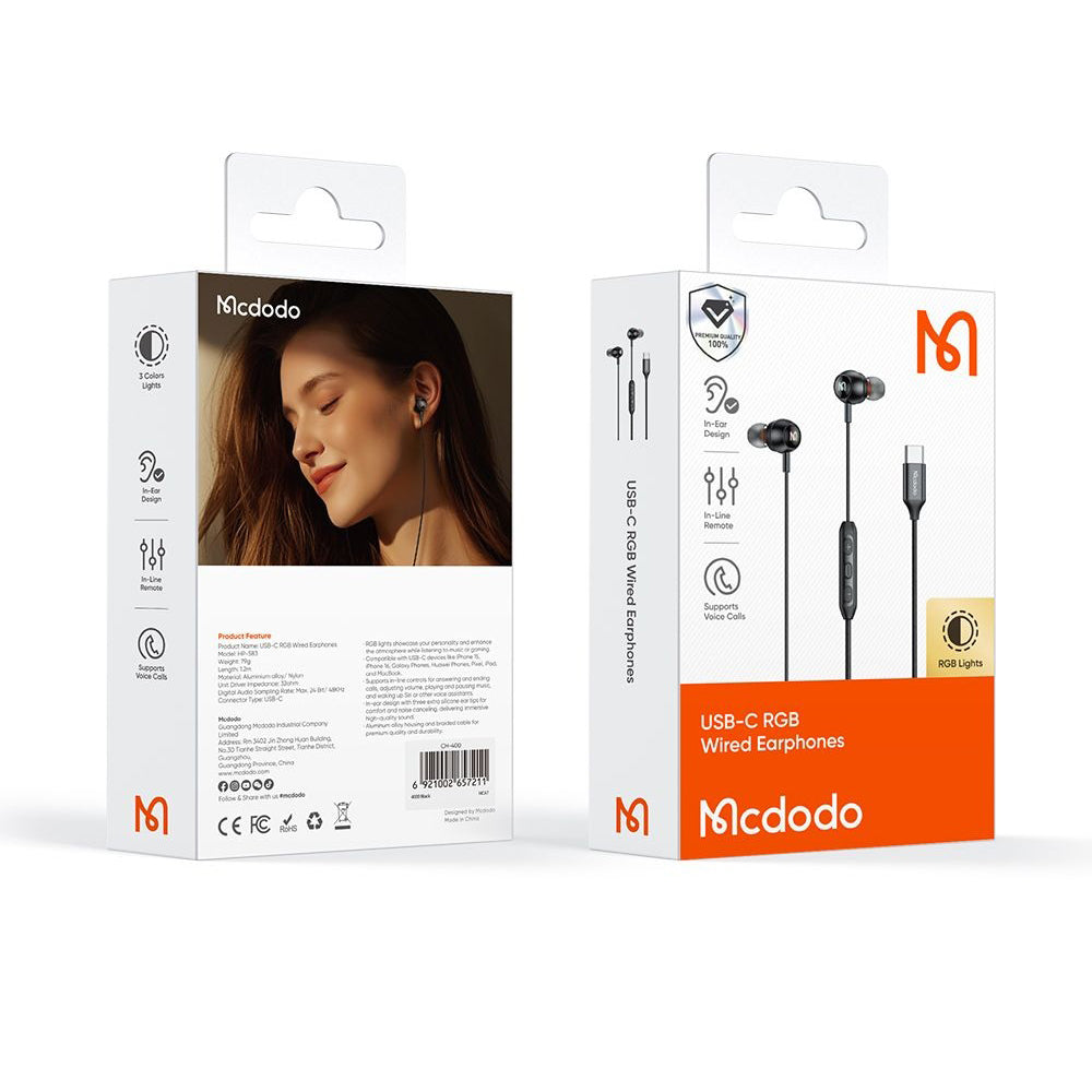 Handsfree USB-C McDodo HP-5830, 1.2m, Czarny