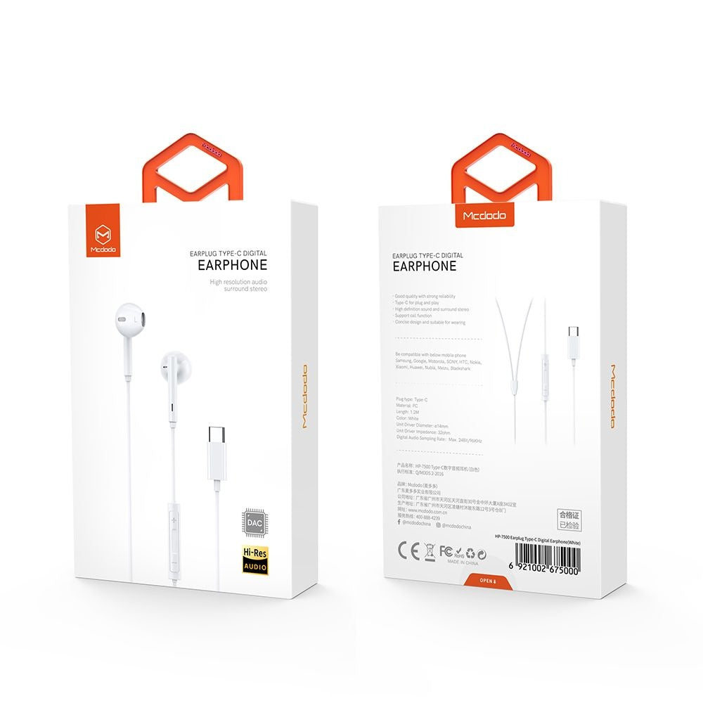 Handsfree USB-C McDodo HP-7500, 1.2m, Biały