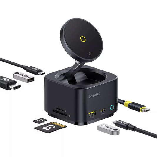 Hub wielofunkcyjny Baseus MagPro II 7w1, 1 x USB-A - 2 x USB-C - 1 x HDMI - 1 x QI - 1 x SD - 1 x microSD, Czarny Odnowiony B00072900121-00