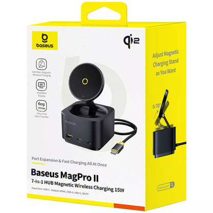 Hub wielofunkcyjny Baseus MagPro II 7w1, 1 x USB-A - 2 x USB-C - 1 x HDMI - 1 x QI - 1 x SD - 1 x microSD, Czarny Odnowiony B00072900121-00