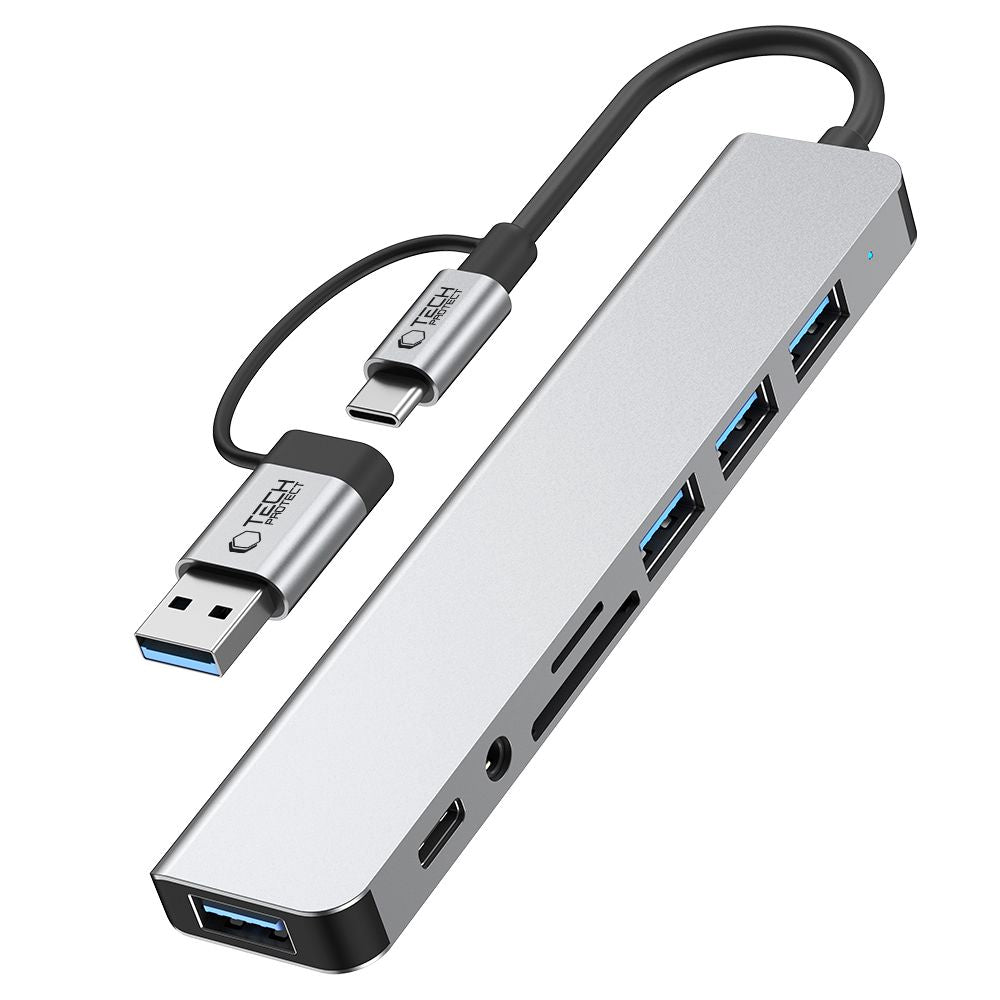 Hub USB / USB-C Tech-Protect HB06, 2 x USB-A 3.0 - 2 x USB-A - 1 x USB-C - 1 x Jack 3.5mm - 1 x SD - 1 x microSD, Szary