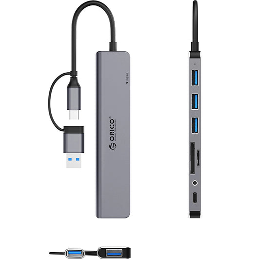 Hub USB / USB-C Orico YSA8-U3, 1 x USB-A 3.0 - 3 x USB-A - 1 x USB-C - 1 x Jack 3.5mm - 1 x SD - 1 x microSD, Czarny