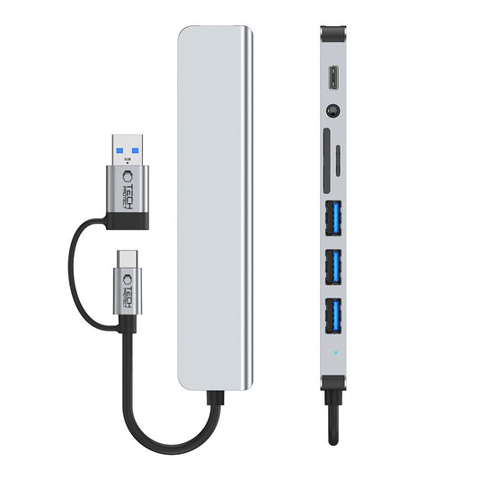 Hub USB / USB-C Tech-Protect HB06, 2 x USB-A 3.0 - 2 x USB-A - 1 x USB-C - 1 x Jack 3.5mm - 1 x SD - 1 x microSD, Szary