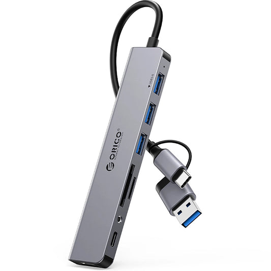 Hub USB / USB-C Orico YSA8-U3, 1 x USB-A 3.0 - 3 x USB-A - 1 x USB-C - 1 x Jack 3.5mm - 1 x SD - 1 x microSD, Czarny