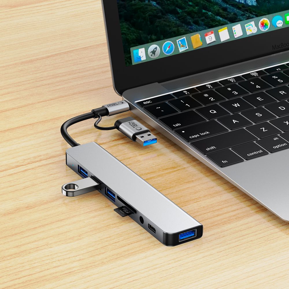 Hub USB / USB-C Tech-Protect HB06, 2 x USB-A 3.0 - 2 x USB-A - 1 x USB-C - 1 x Jack 3.5mm - 1 x SD - 1 x microSD, Szary