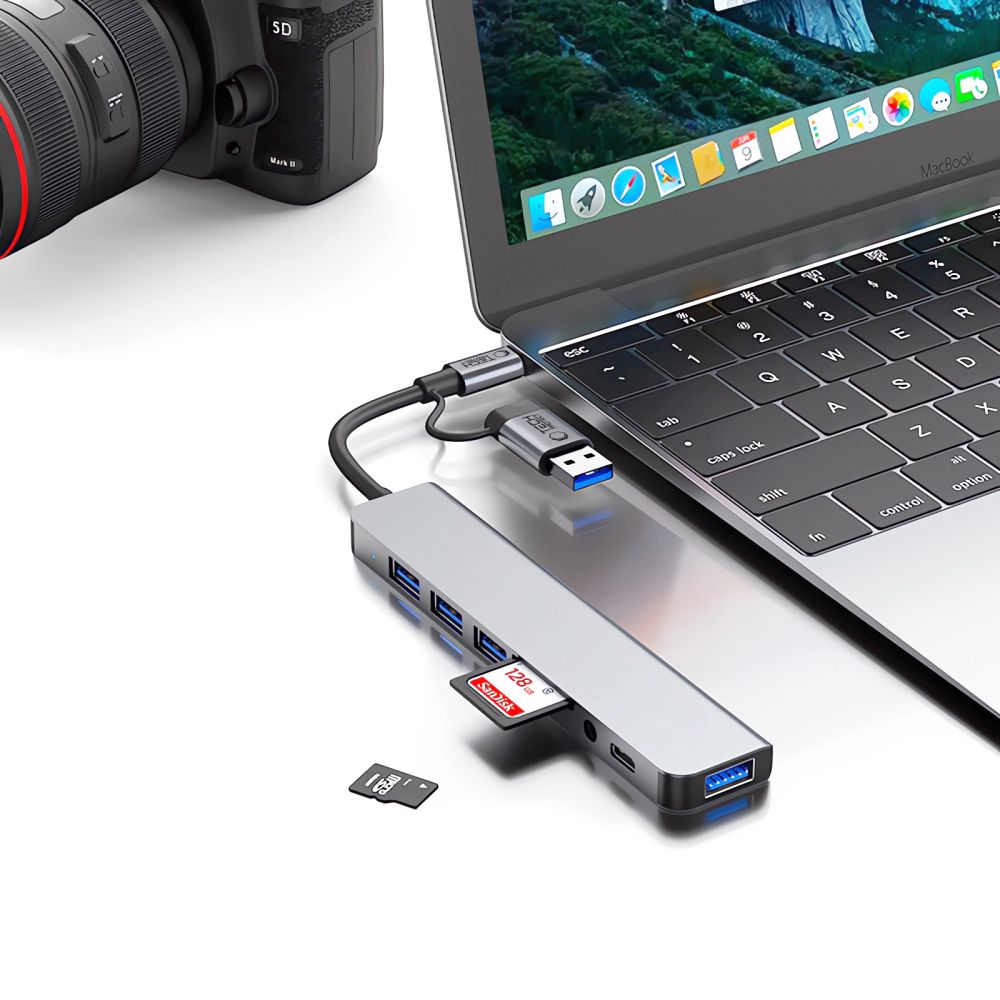 Hub USB / USB-C Tech-Protect HB06, 2 x USB-A 3.0 - 2 x USB-A - 1 x USB-C - 1 x Jack 3.5mm - 1 x SD - 1 x microSD, Szary