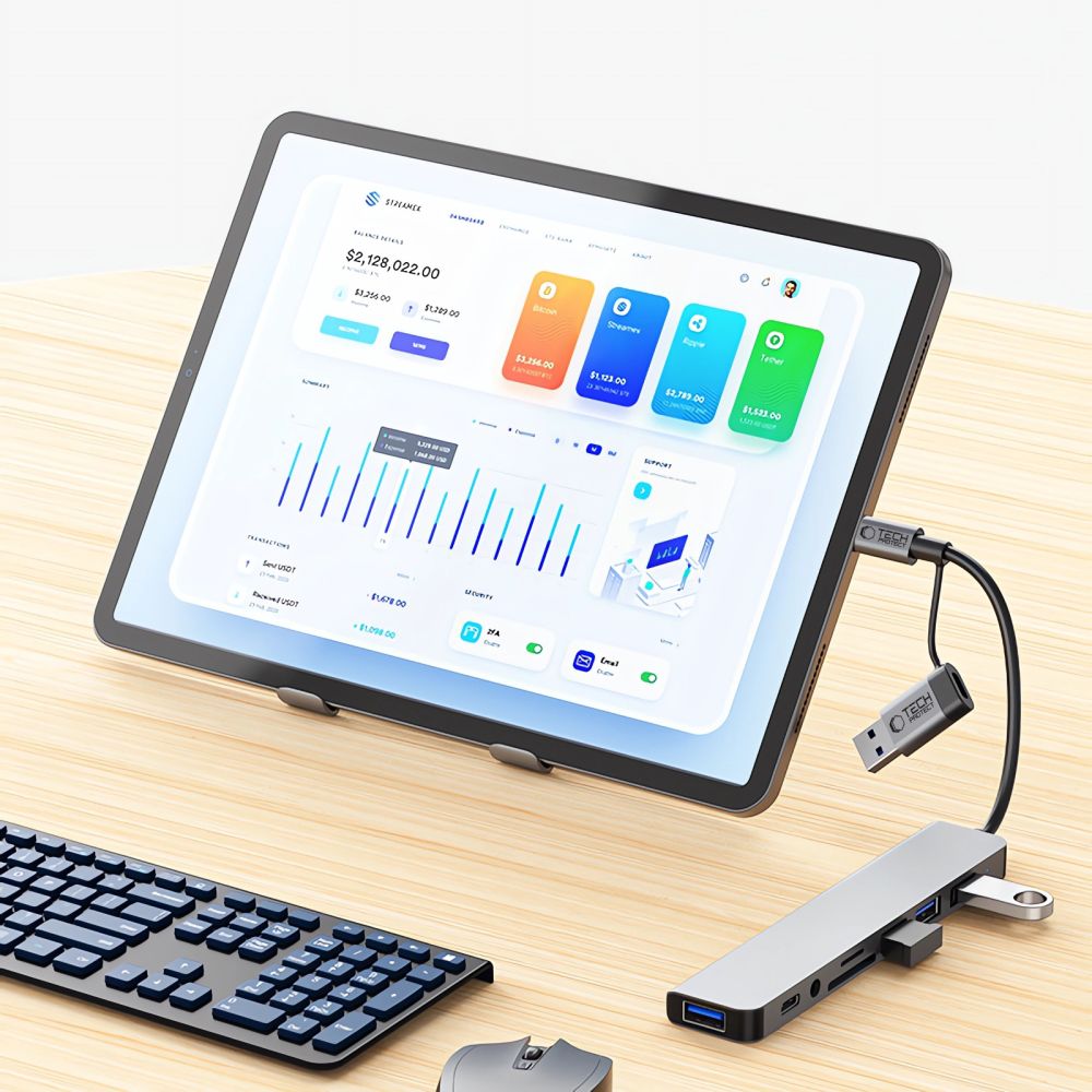 Hub USB / USB-C Tech-Protect HB06, 2 x USB-A 3.0 - 2 x USB-A - 1 x USB-C - 1 x Jack 3.5mm - 1 x SD - 1 x microSD, Szary