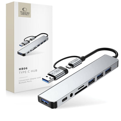 Hub USB / USB-C Tech-Protect HB06, 2 x USB-A 3.0 - 2 x USB-A - 1 x USB-C - 1 x Jack 3.5mm - 1 x SD - 1 x microSD, Szary