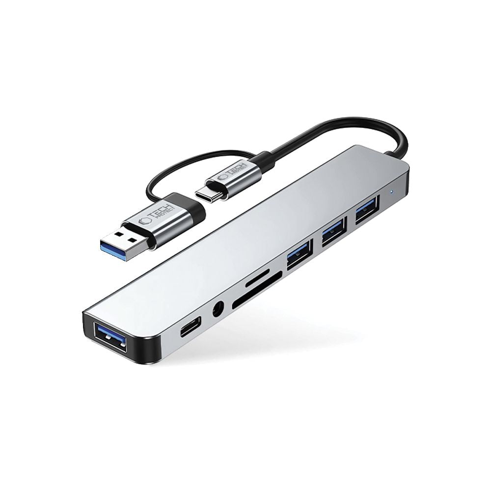 Hub USB / USB-C Tech-Protect HB06, 2 x USB-A 3.0 - 2 x USB-A - 1 x USB-C - 1 x Jack 3.5mm - 1 x SD - 1 x microSD, Szary