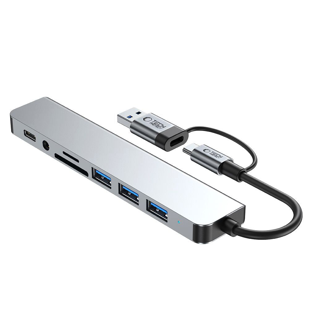 Hub USB / USB-C Tech-Protect HB06, 2 x USB-A 3.0 - 2 x USB-A - 1 x USB-C - 1 x Jack 3.5mm - 1 x SD - 1 x microSD, Szary
