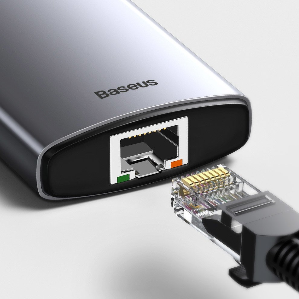 Koncentrator Baseus USB-C, 3 x USB-A 3.0 - 1 x USB-C - 1 x HDMI - 1 x SD - 1 x microSD - RJ45, szary CAHUB-CV0G