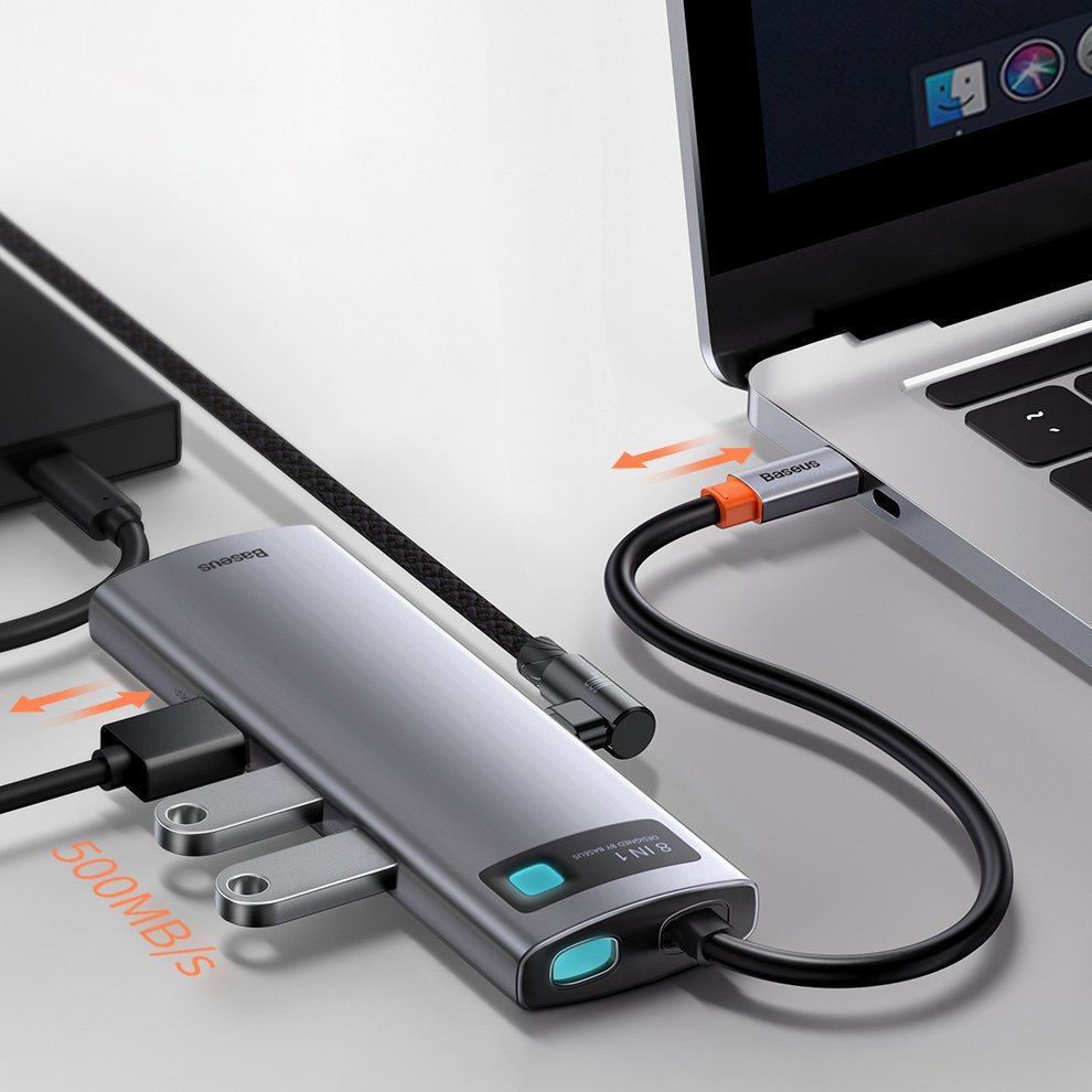 Koncentrator Baseus USB-C, 3 x USB-A 3.0 - 1 x USB-C - 1 x HDMI - 1 x SD - 1 x microSD - RJ45, szary CAHUB-CV0G