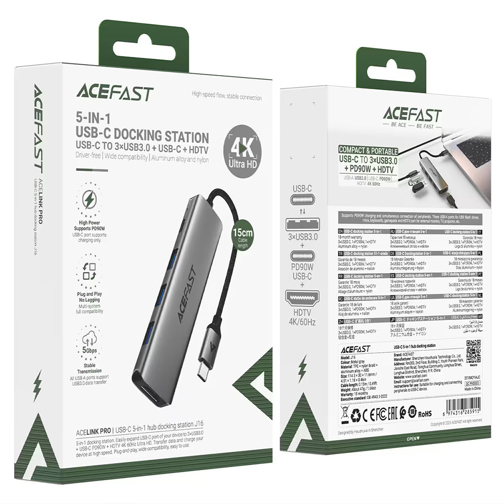 Hub USB-C Acefast J16, 5w1, Szary