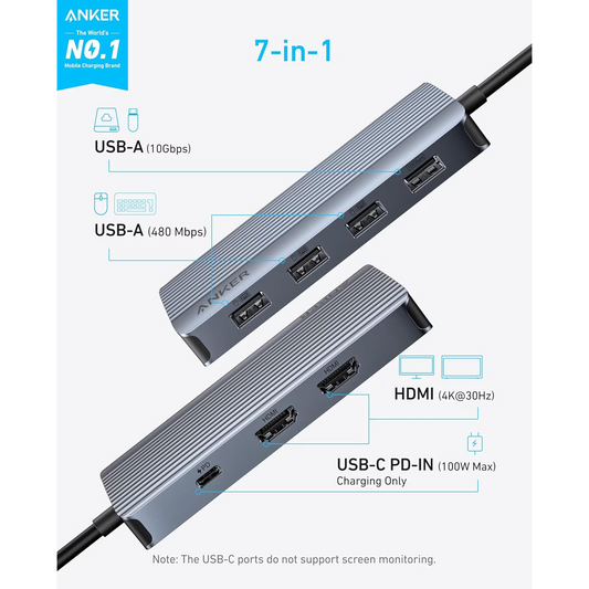 Hub USB-C Anker, 1 x USB-A 3.2 - 3 x USB-A - 1 x USB-C - 2 x HDMI, Szary A83740A2