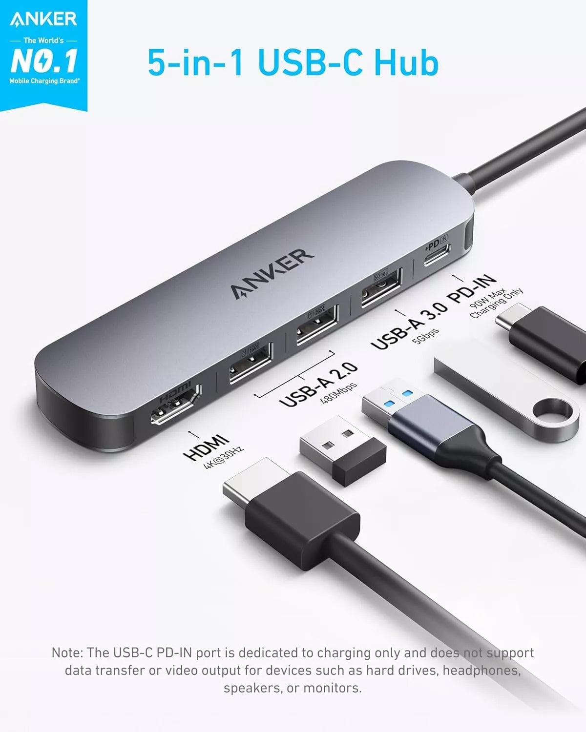 Hub USB-C Anker, 2 x USB-A - 1 x USB-A 3.0 - 1 x USB-C - 1 x HDMI, Szary A8357HA0