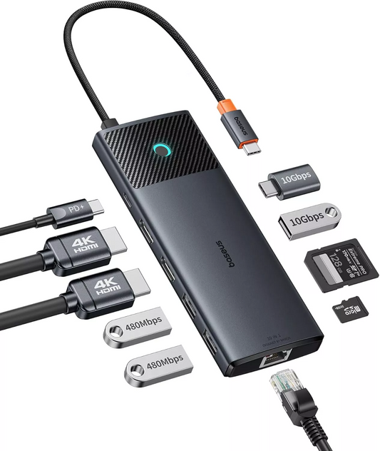 Baseus Dual Display USB-C Hub, 1 x USB-A 3.0 - 2 x USB-A - 2 x USB-C - 2 x HDMI - 1 x RJ45 - 1 x SD - 1 x microSD, Black B00061800123-01