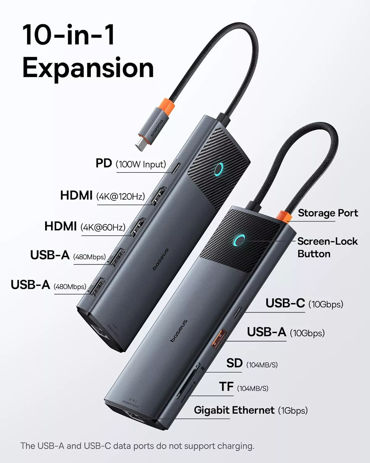 Hub USB-C Baseus Dual Display, 1 x USB-A 3.0 - 2 x USB-A - 2 x USB-C - 2 x HDMI - 1 x RJ45 - 1 x SD - 1 x microSD, Czarny B00061800123-01