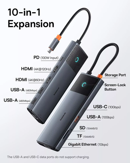 Hub USB-C Baseus Dual Display, 1 x USB-A 3.0 - 2 x USB-A - 2 x USB-C - 2 x HDMI - 1 x RJ45 - 1 x SD - 1 x microSD, Czarny B00061800123-01